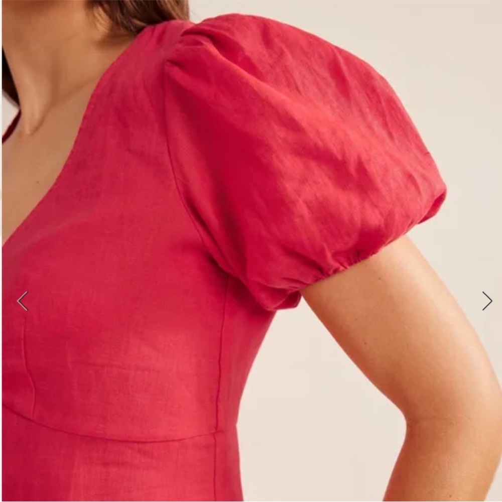 Boden Linen Coral-Red Puff-Sleeve V-Neck Button-Front Top - Picture 2 of 10